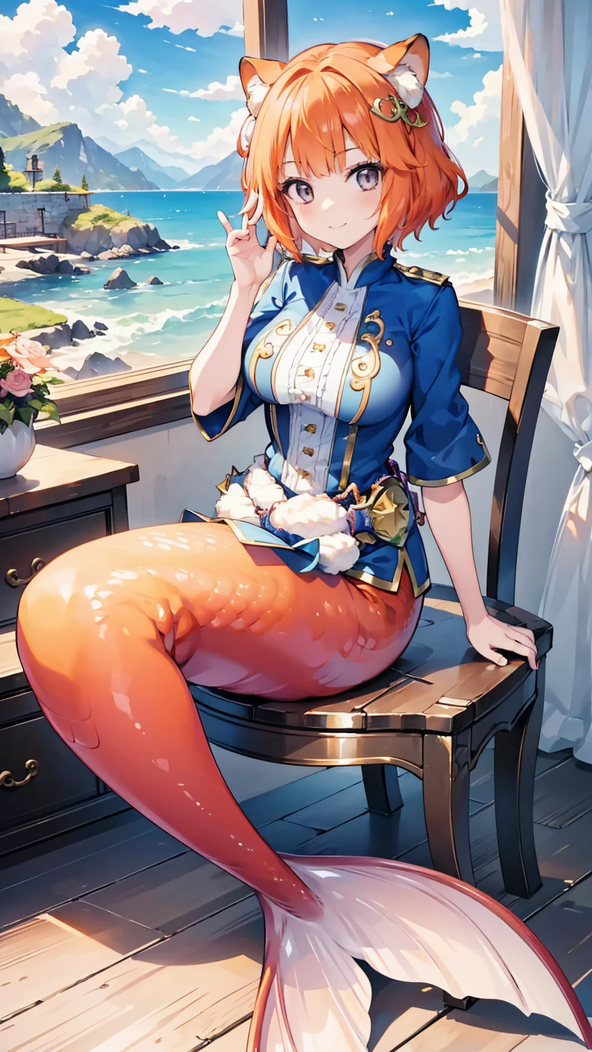 masterpiece, best quality,A girl,独奏,Animal ears,Short orange hair,Large Breasts,Mermaid,蓝色的Mermaid尾巴,full-body shot,charming face(Kawaii, charming,Soft),sit on the chair,Sea view from the window,Looking at the audience,Smile