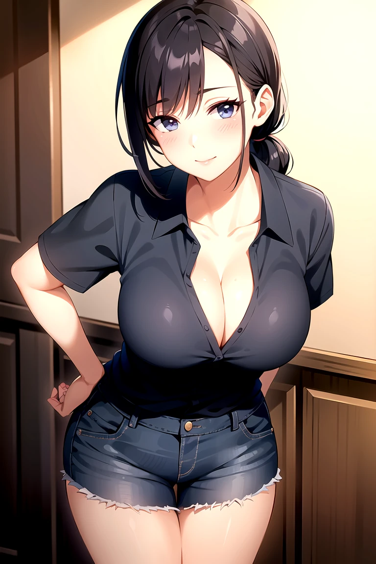 mature women, suzukawa akana, black hair, low ponytail, hair over one shoulder, side swept bangs, dark blue eyes, large  , short sleeves plunge tee, cleavage, tucked in, blue jeans, blushing, closed mouth, smile, masterpiece, 8K, HD, perfect face, high quality, best quality, extremely detailed eyes, extremely detailed body, highly detailed, expressive eyes, high res, 1girl, solo, knee length shot, front view, looking at viewer, body facing viewer, pov shot, slightly from above, standing up, straight posture, hands on hips, bedroom