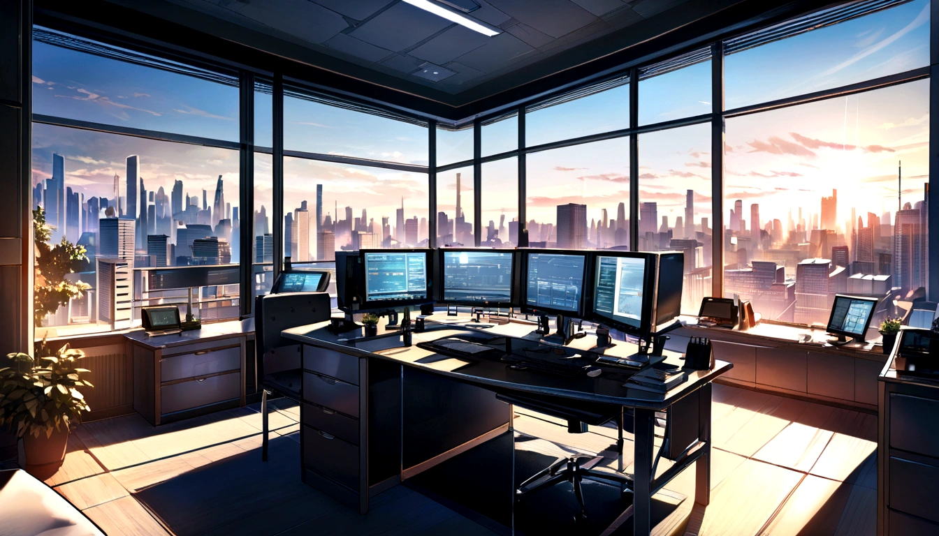 Zoom Office Background Variable Income Trading Desk, Morning light, Windows, City View