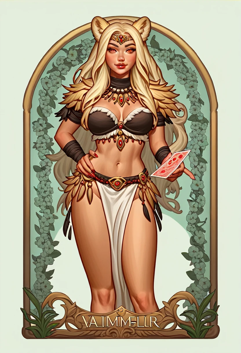 Full-length portrait of 1 girl, (Cheetah girl), long hair, dark_skin, dark_skinned_female, blonde hair, Holding a giant spera in his hand, tribal Armor, standing on your feet, (((solo))), Clear facial features, Simple line design, ((tarot card background, symmetric beauty)), perfectly symmetrical, The art of symmetry, Standing drawings of characters, ((flatcolors)), tmasterpiece，top Quority，best qualtiy，Ultra-high resolution, ((Clear facial features，beautidful eyes，beauitful face, Exquisite facial features))