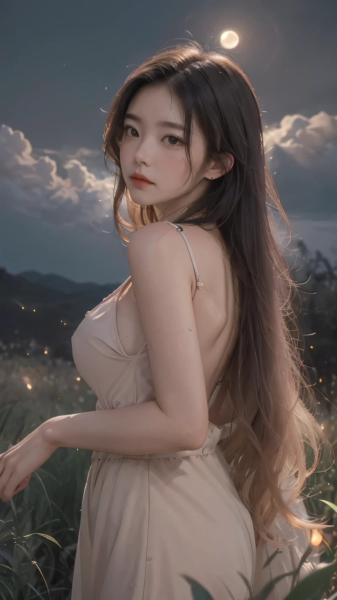 masterpiece, best quality, night, hill, clouds, full moon, long hair, woman, silhouette, fireflies, looking at viewer, medium breast,drunk blush , full clothes, luxury clothes