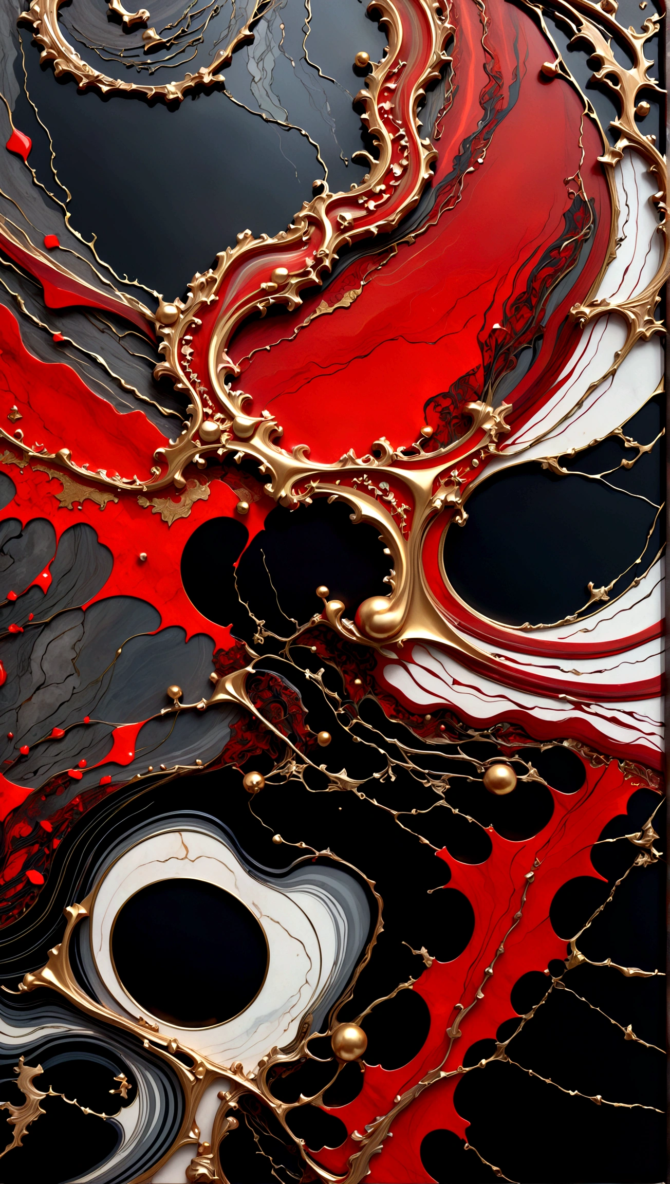 a beautiful illustration of a very muscular vampire girl in an abstract marble texture with a tarot style frame, with colors of obsidian black, shiny gold, and ruby red, highly detailed, intricate design, BY Anne Bachelier,