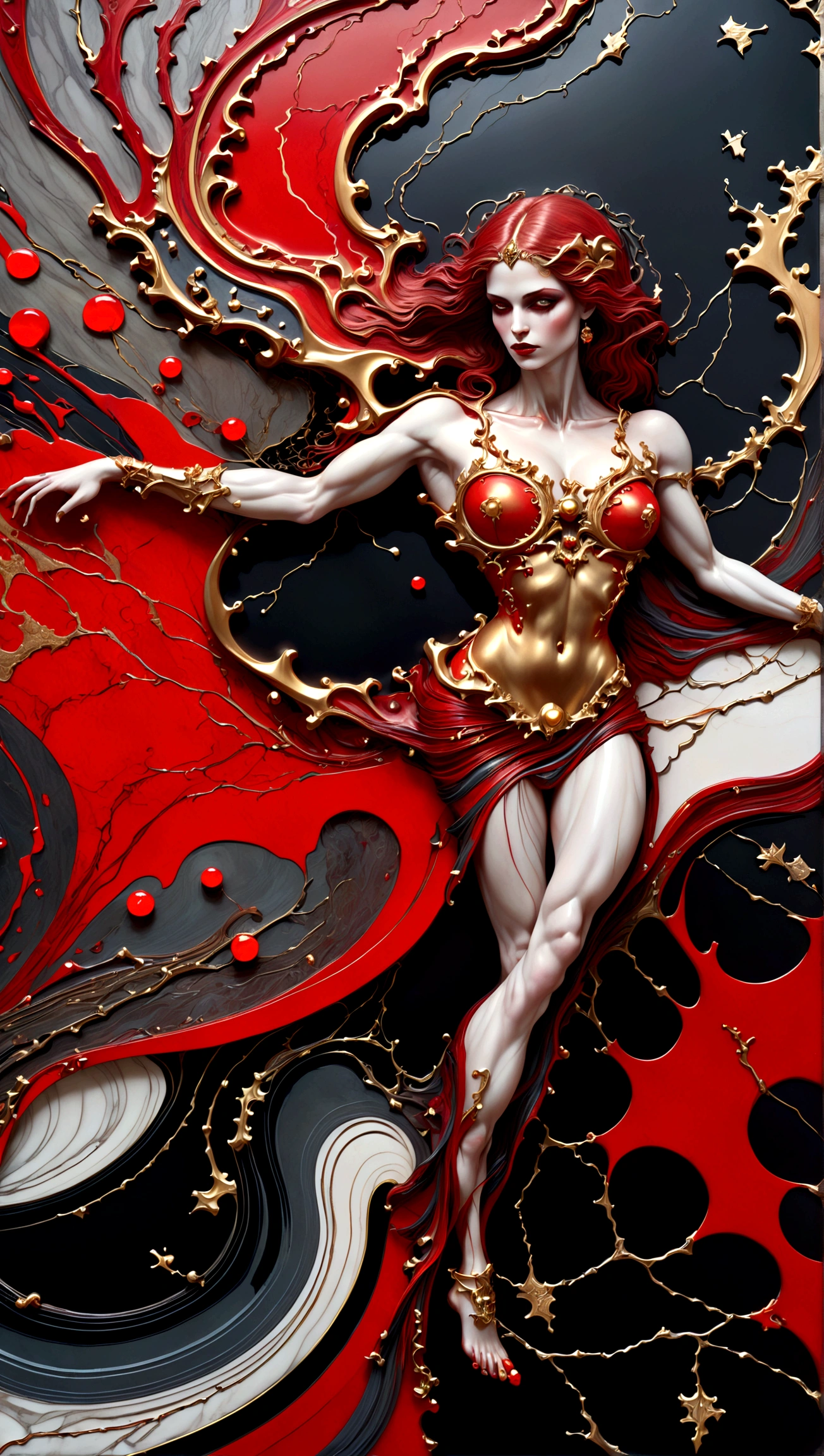 a beautiful illustration of a very muscular vampire girl in an abstract marble texture with a tarot style frame, with colors of obsidian black, shiny gold, and ruby red, highly detailed, intricate design, BY Anne Bachelier,
