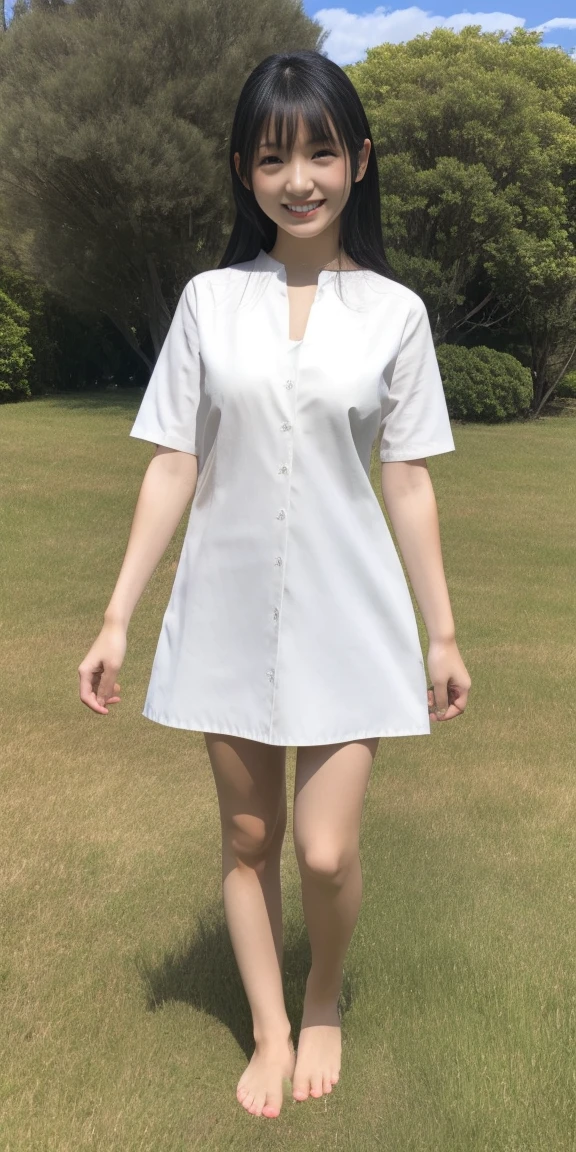 Full body standing upright on grass barefoot、cute、20-year-old、Japanese、Big Boobs