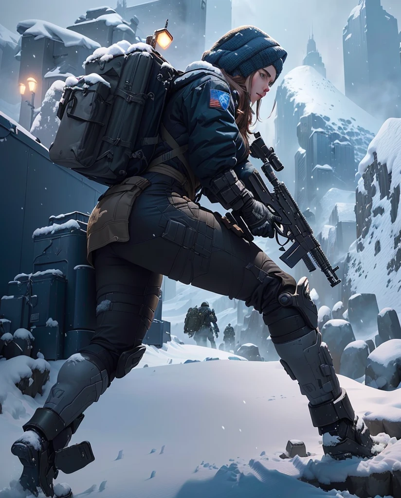 On the snow,A woman with a gun and a backpack, Game Cover, cover Game Art, Winter concept art, Avatar pictures, FPS Game Concept Art, Game Art, Mirror Style\'s edge, The Art of Depicting a Control Freak, Background artwork, Craig Mullins Style, Conceptual art for video games,Lots of details,Correct posture,8K,