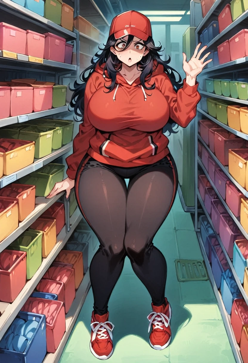 (masterpiece), best quality, expressive eyes, perfect face, a man get transformed into a MILF, solo, surpriced, blushed, black hair, long hair, red baseball cap, brown eyes, (full body), tight clothes, in nursery, chubby, big . black shirt, red hoodie, black sport pants, red sport shoes,