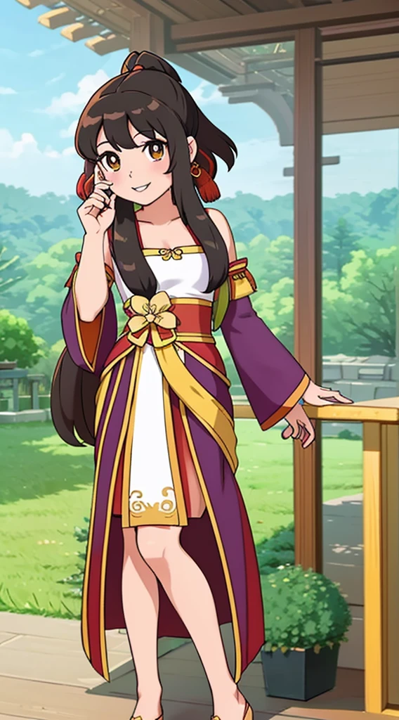 masterpiece, best quality, 1girl, solo, long hair, looking at viewer, smile, bangs, hair ornament, eyes, long sleeves, dress, standing, collarbone, alternate costume, wide sleeves, tree, chinese clothes, hairpin, hanfu, ningguang (genshin impact), Ningguang,