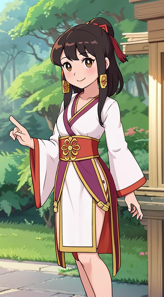 masterpiece, best quality, 1girl, solo, long hair, looking at viewer, smile, bangs, hair ornament, eyes, long sleeves, dress, standing, collarbone, alternate costume, wide sleeves, tree, chinese clothes, hairpin, hanfu, ningguang (genshin impact), Ningguang,