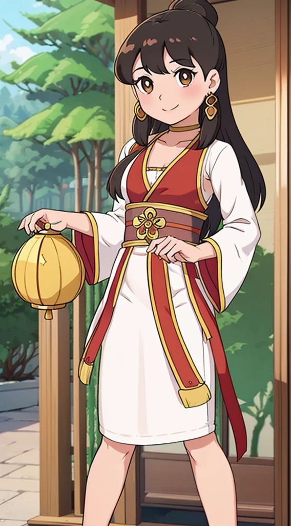 masterpiece, best quality, 1girl, solo, long hair, looking at viewer, smile, bangs, hair ornament, eyes, long sleeves, dress, standing, collarbone, alternate costume, wide sleeves, tree, chinese clothes, hairpin, hanfu, ningguang (genshin impact), Ningguang,  