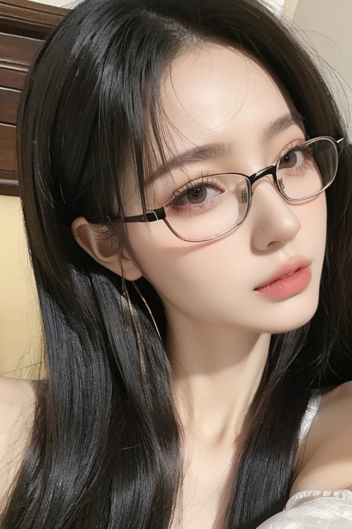 Highest quality、masterpiece、High sensitivity、High resolution、Detailed Description、Slender women、Slim Body、Glasses、Approaching for a kiss、close your eyes、Lips are glossy、