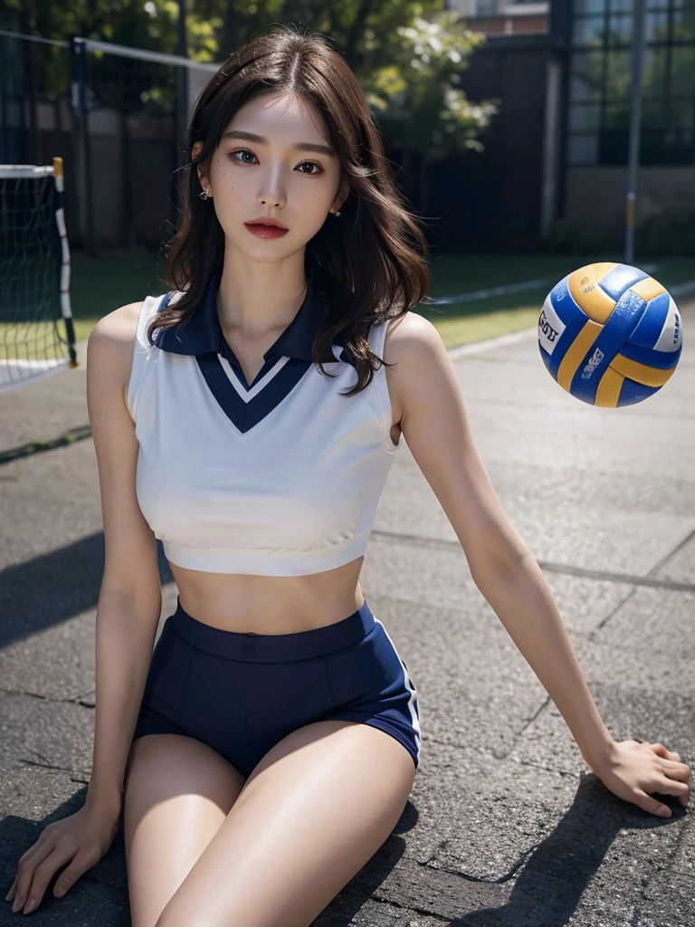 absurdres, RAW photo, extremely delicate and beautiful, masterpiece, Best Quality, ultra high resolution, 16k, hyperrealistic, ultra-detailed, perfect anatomy, super Detailed skin, perfect figure, Very detailed CG 8k wallpaper, in her 20s, very Slim body, (narrow waist:1.2), very small head, very small face, delicate facial features, tearful mole, mole on chest, earring, thin legs, (very huge round breasts:1.3), (full body shot:1.1), shorter middle hair, wavy hair, (volleyball uniform:1.2), (bare legs:1.1), (midriff:1.1), sleeveless,