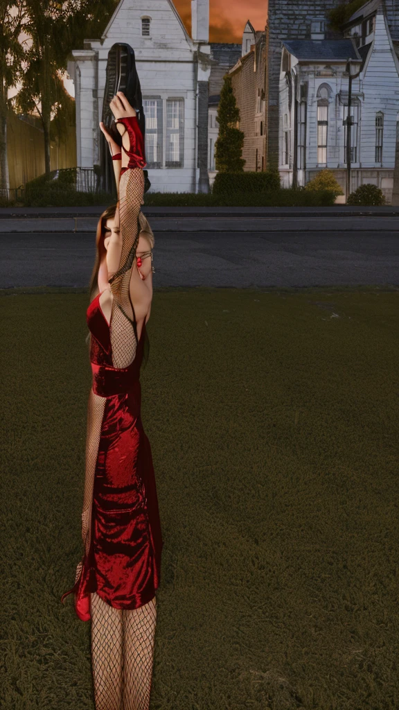 there is a woman in a red dress standing in a field, elegant glamor pose, elegant pose, glamor profile pose, succubus in tight short dress, in a red dress, lacivious pose, gothic city streets behind her, glamorous tifa lockheart, sinister pose, doing an elegant pose, wearing a red dress, doing a sassy pose, sexy, curvy body, black medium length wavy hair, tan skin, 40 year old latina woman, cougar, gorgeous, hoop earrings, fishnet gloves, fishnet leggings, big breasts, thicc