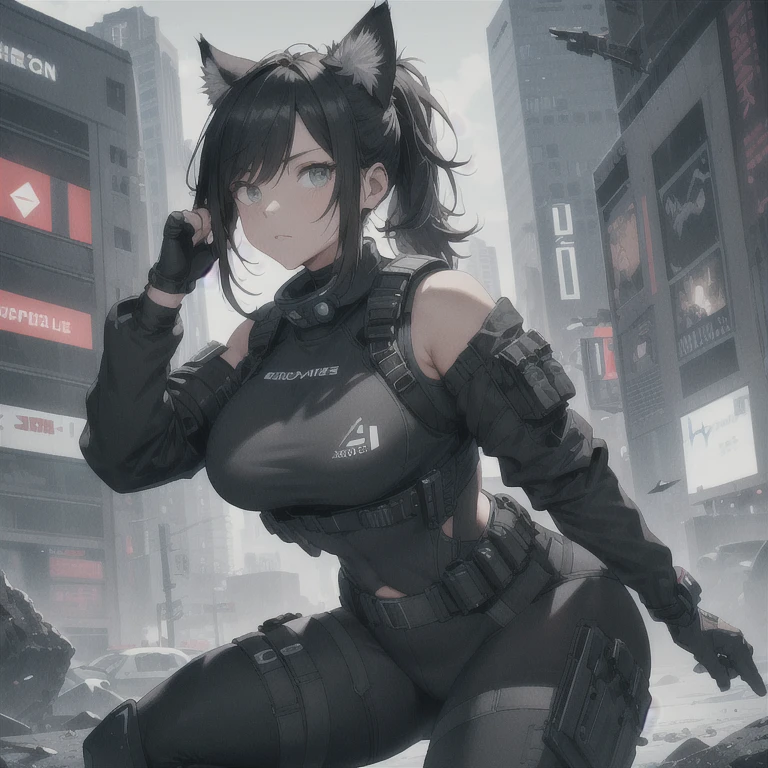 Absurd resolution, high resolution, (masterpiece: 1.4), hyper-detail, full body shot, solo, 1 kemono feline cat woman, black hair, messy ponytail, cute face, detailed soft grey eyes, huge massive hyper super swollen breasts that cover her whole torso and are bigger than her head while being so big they reach her belly button, extremely large bust, wide full hips, narrower torso and shoulders, smaller torso, full thicc big soft thighs, big rounded full soft butt, ruggedized utility styled outfit, full body outfit coverage with no skin showing or revealed, weather-proof durable clothing material, monochrome black and grey fullbody covering protective padding pilot rugged utility suit with white chest, scifi padded rugged high collar techwear jacket, white and black triangular decals and techwear iconography on apparel and clothing, techwear gloves, arm mounted strapped display scifi tablet/communication device/computer, rugged tablet display mounted on MOLLE strap on top of her bust, ruggedized computer tablet mounted above her breasts, screen display mounted on top of her chest, ruggedized tech, ruggedized tech aesthetic, fitted utility pants, utility chaps, near future scifi, cyberpunk aesthetic, anime aesthetic, Death stranding style, halo style, The Division Style