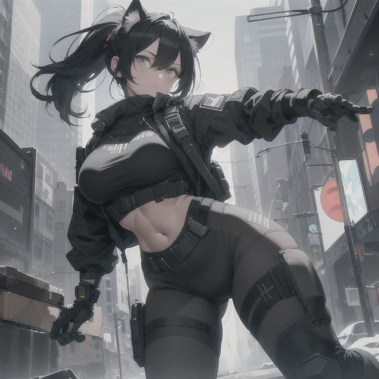 Absurd resolution, high resolution, (masterpiece: 1.4), hyper-detail, full body shot, solo, 1 kemono feline cat woman, black hair, messy ponytail, cute face, detailed soft grey eyes, huge massive hyper super swollen breasts that cover her whole torso and are bigger than her head while being so big they reach her belly button, extremely large bust, wide full hips, narrower torso and shoulders, smaller torso, full thicc big soft thighs, big rounded full soft butt, ruggedized utility styled outfit, full body outfit coverage with no skin showing or revealed, weather-proof durable clothing material, monochrome black and grey fullbody covering protective padding pilot rugged utility suit with white chest, scifi padded rugged high collar techwear jacket, white and black triangular decals and techwear iconography on apparel and clothing, techwear gloves, arm mounted strapped display scifi tablet/communication device/computer, rugged tablet display mounted on MOLLE strap on top of her bust, ruggedized computer tablet mounted above her breasts, screen display mounted on top of her chest, ruggedized tech, ruggedized tech aesthetic, fitted utility pants, utility chaps, near future scifi, cyberpunk aesthetic, anime aesthetic, Death stranding style, halo style, The Division Style