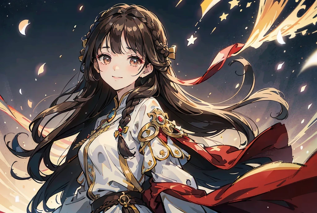 One Mature girl , long dark brown hair, long dark brown hair, braid on the left side of hair, floating hair, close up, smiling, front bangs, front bangs, bangs, braid on the left side of hair, full front bangs, golden eyes, golden eyes, delicate and smart eyes, starry pupils, golden nightgown, FOV, f1.8, masterpiece, complex scene, front portrait shot, snowing night, night, city in background, stars, half moon, light, magic, fantasy