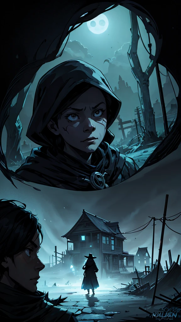 Background: one of West Bengal abandoned village at night with eerie, dilapidated houses. The village should have an overgrown, deserted look. Atmosphere of the village should be enveloped in a haunting mist, with flickering lanterns casting eerie shadows. An old woman with a sinister look, transforming into a witch. The witch should have a menacing, otherworldly aura. Silhouette style.
Main Image: A young man figure, visibly scared, He should have a talisman (Maduli) around his neck. Another figure as both a person and a ghostly figure. Detailed expression both of this figure. One of them are doing vlog with his phone bt his face was shocked.
Lighting and Colors: Predominantly dark tones with bluish hues to create a chilling and suspenseful atmosphere. Highlight the facial expressions and supernatural elements with contrasting colors to enhance the eerie feeling.