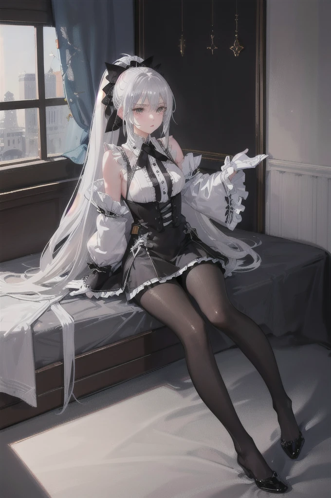 (((1 Girl)),Ray Tracing,(Dim lighting),[Detailed Background (Bedroom)),((Silver Hair)),((Silver Hair)),(Fluffy Silver Hair, Plump and slender girl)) Raised ponytail)))) Avoid blonde eyes in the ominous Bedroom ((((Girls、She wears intricately embroidered black high-waisted pants and pantyhose.。) White frilly ribbon gloves), Showing off a delicate, slim figure and graceful curves, Correct limbs, Sitting on the bed