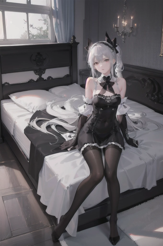 (((1 Girl)),Ray Tracing,(Dim lighting),[Detailed Background (Bedroom)),((Silver Hair)),((Silver Hair)),(Fluffy Silver Hair, Plump and slender girl)) Raised ponytail)))) Avoid blonde eyes in the ominous Bedroom ((((Girls、She wears intricately embroidered black high-waisted pants and pantyhose.。) White frilly ribbon gloves), Showing off a delicate, slim figure and graceful curves, Correct limbs, Sitting on the bed