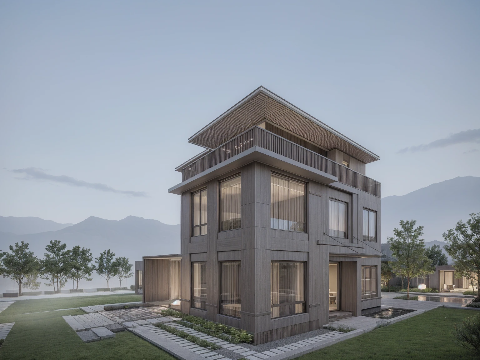 RAW photo, ((white)) modern house, (road:1.3), (sidewalk:1.3), (sidewalk trees:1.3), (residences area:1.4), dawn time, overcast, fog, tropical trees and plants, (high detailed:1.2), 8k uhd, dslr, soft lighting, high quality, film grain, Fujifilm XT3, (sharpen:1.5)