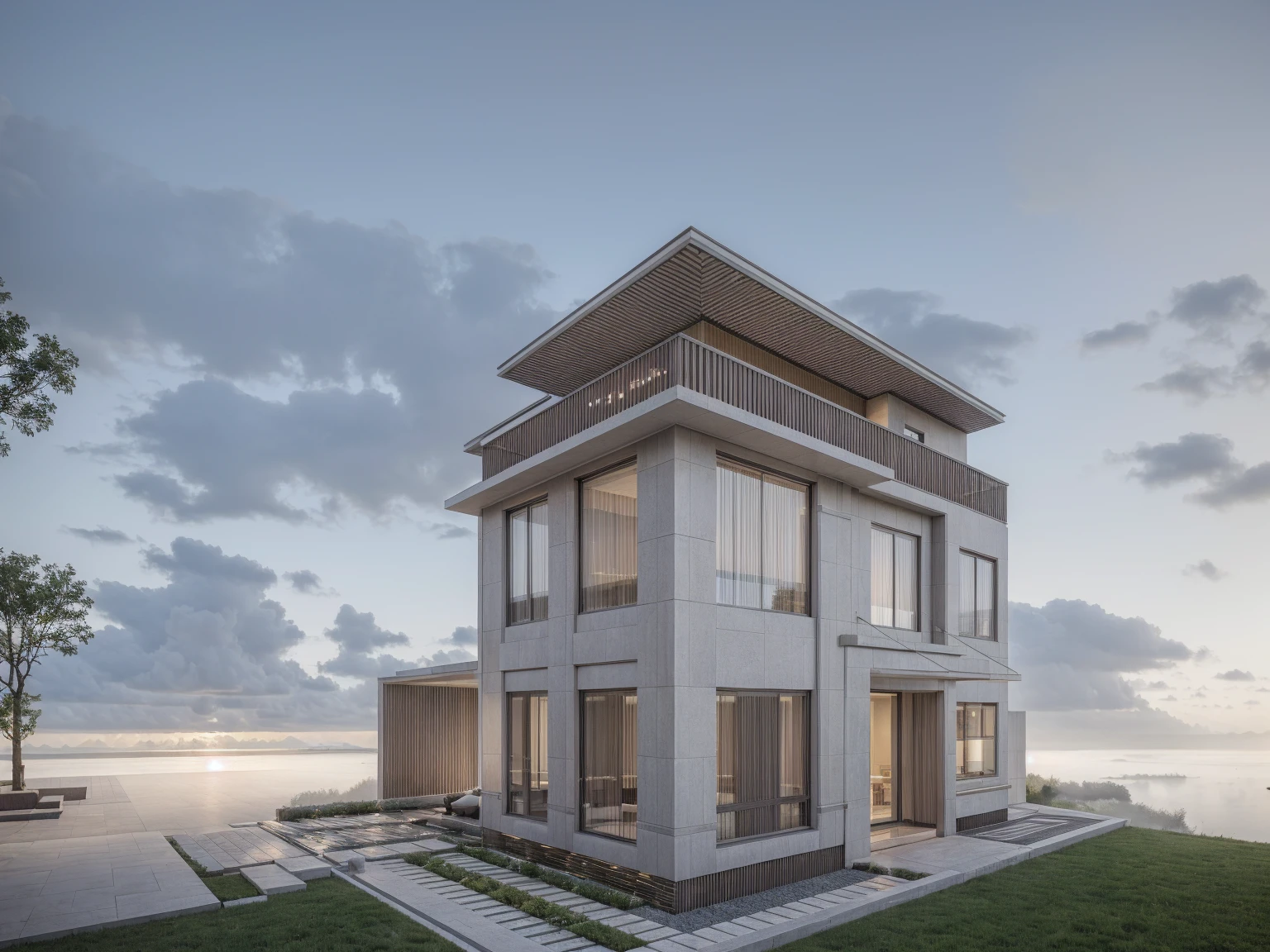 RAW photo, ((white)) modern house, (road:1.3), (sidewalk:1.3), (sidewalk trees:1.3), (residences area:1.4), dawn time, overcast, fog, tropical trees and plants, (high detailed:1.2), 8k uhd, dslr, soft lighting, high quality, film grain, Fujifilm XT3, (sharpen:1.5)