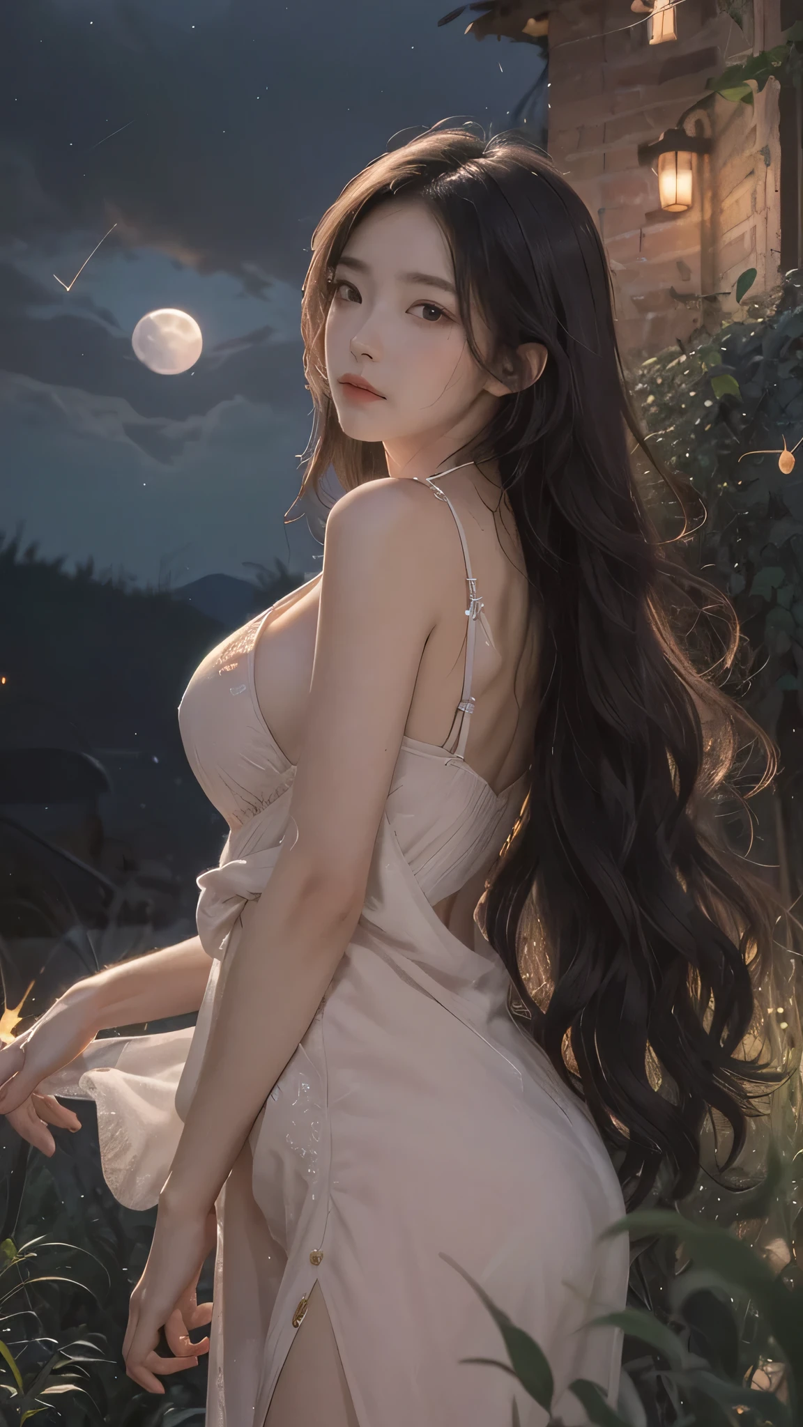 masterpiece, best quality, night, hill, clouds, full moon, long hair, woman, silhouette, fireflies, looking at viewer, medium breast,drunk blush , full clothes, luxury clothes