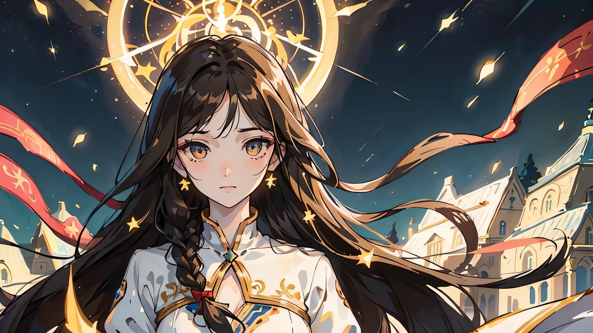 Mature girl , long dark brown hair, long dark brown hair, braid on the left side of hair, floating hair, golden eyes, golden eyes, delicate and smart eyes, starry pupils, golden nightgown, FOV, f1.8, masterpiece, complex scene, front portrait shot, snowing night, night, city in background, stars, half moon, light, magic, fantasy