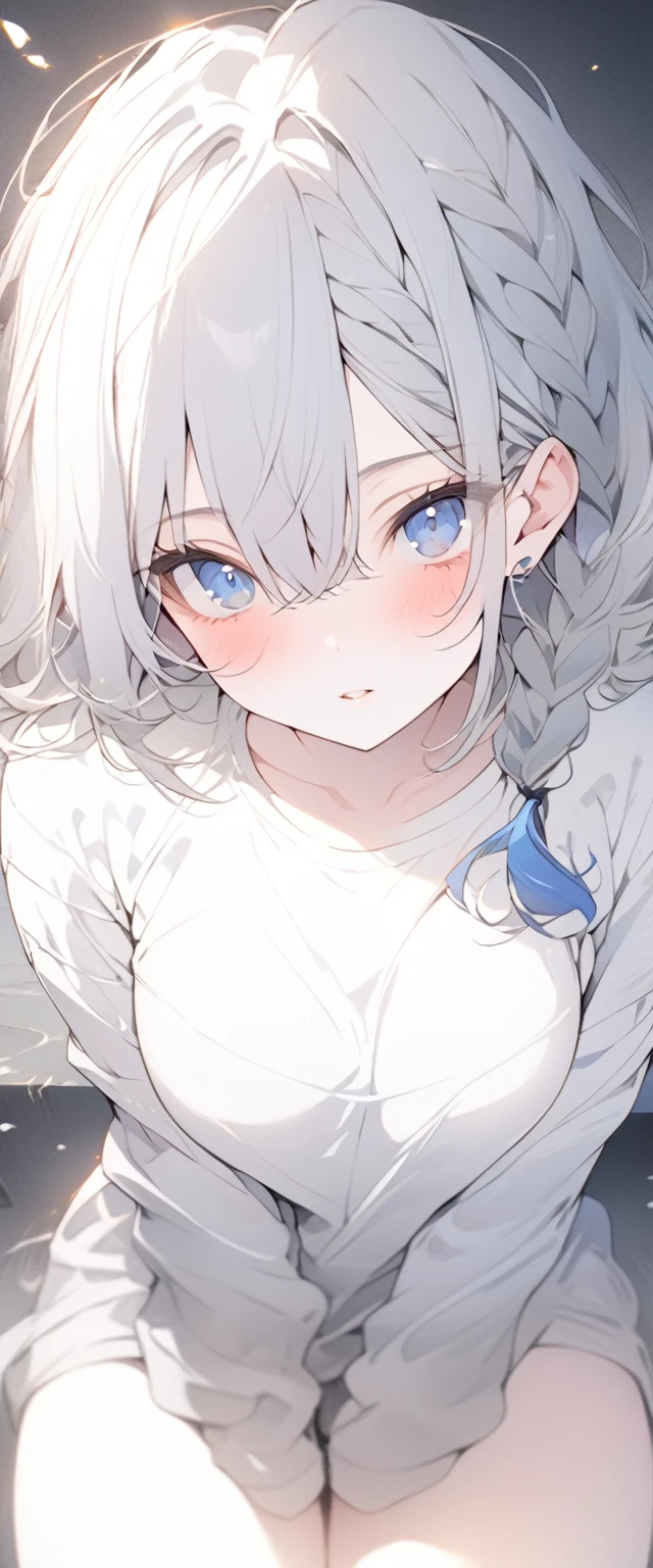 beautiful, masterpiece, Highest quality, anime, One girl, C Cup,Portrait Shot, View your viewers, Covered、Medium Hair、nearby、Blue Eyes、art、、White hair,Blue streaked hair, dark atmosphere、Thighs、Braid、Rough shirt、No underwear