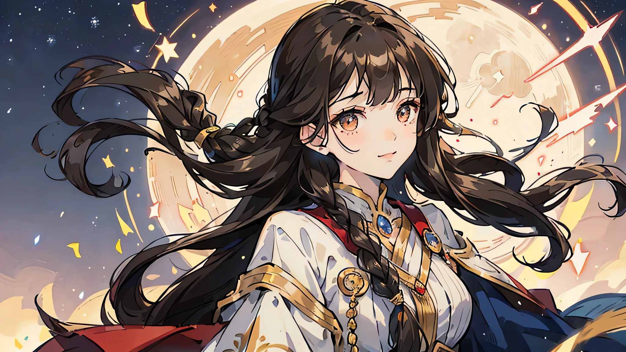 Mature girl , long dark brown hair, long dark brown hair, braid on the left side of hair, floating hair, close up, smiling, front bangs, front bangs, bangs, braid on the left side of hair, full front bangs, golden eyes, golden eyes, delicate and smart eyes, starry pupils, golden nightgown, FOV, f1.8, masterpiece, complex scene, front portrait shot, snowing night, night, city in background, stars, half moon, light, magic, fantasy