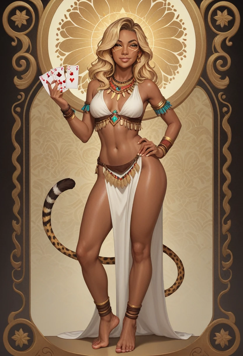 Full-length portrait of 1 girl, (Cheetah girl), long hair, dark_skin, dark_skinned_female, blonde hair, Holding a giant spera in his hand, tribal Armor, standing on your feet, (((solo))), Clear facial features, Simple line design, ((tarot card background, symmetric beauty)), perfectly symmetrical, The art of symmetry, Standing drawings of characters, ((flatcolors)), tmasterpiece,top Quority,best qualtiy,Ultra-high resolution, ((Clear facial features,beautidful eyes,beauitful face, Exquisite facial features))
