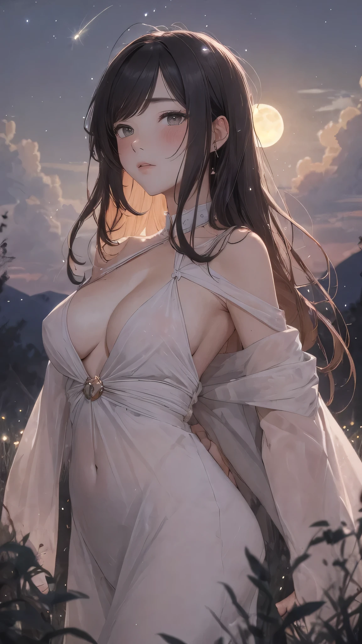 masterpiece, best quality, night, hill, clouds, full moon, long hair, woman, silhouette, fireflies, looking at viewer, medium breast,drunk blush , full clothes, luxury clothes 