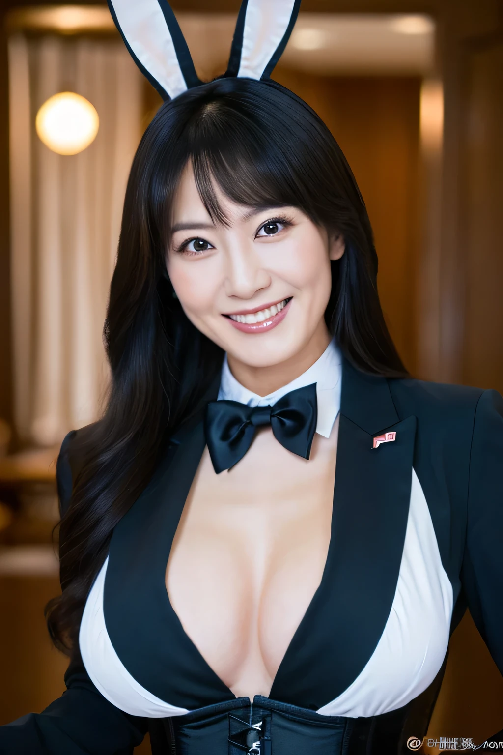(8k, best quality, masterpiece:1.3), (Japanese beautiful mature woman, 35 years old:1.2), A Japanese beauty is seducing in the form of a black bunny girl, rabbit ears_bluck, Bunny suit, corset, bow tie, high cut, grin, long hair, hime cut, (huge breasts:1.2),