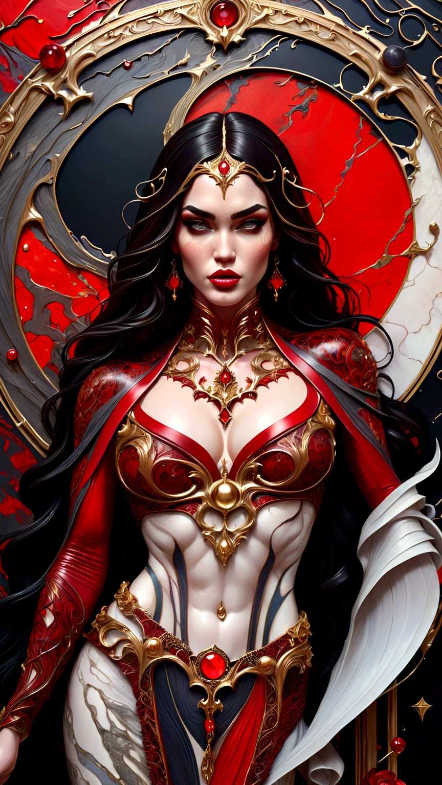 a beautiful illustration of megan fox as a very muscular vampire girl in an abstract marble texture with a tarot style frame, with colors of obsidian black, shiny gold, and ruby red, highly detailed, intricate design, BY Anne Bachelier,
