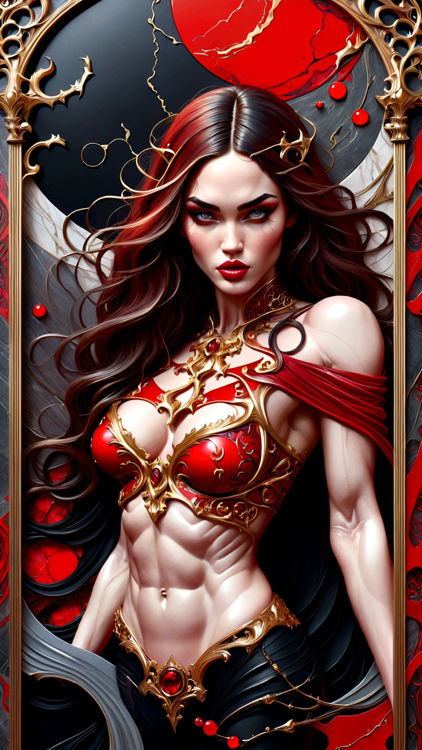 a beautiful illustration of megan fox as a very muscular vampire girl in an abstract marble texture with a tarot style frame, with colors of obsidian black, shiny gold, and ruby red, highly detailed, intricate design, BY Anne Bachelier,