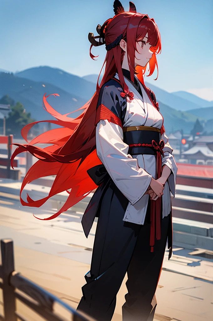 , Female, samurai Clothing, Standing pose, Town background, Red Hair