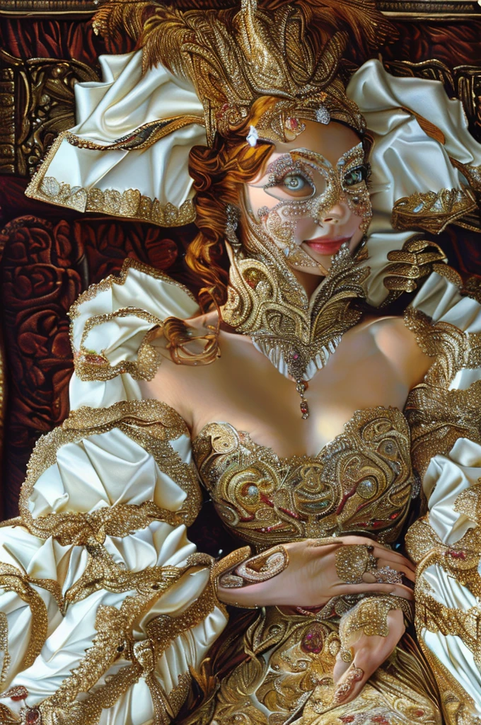 A beautiful queen, extremely beautiful girl, very luxurious, royal clothes, sitting on a carefully detailed sofa, clothes with very complex and luxurious details, sitting at a 25 degree angle, eyes centered on the camera, complex facial features, showing facial features and skin pores, innocent smile, wide eyes, Half body, showing the upper half of the body, Very luxurious queen clothes, Embroidered clothes with very luxurious details, Super beautiful queen, Queen's luxury clothes, Crown studded with gold, Luxurious crown, A very luxurious queen's robe,