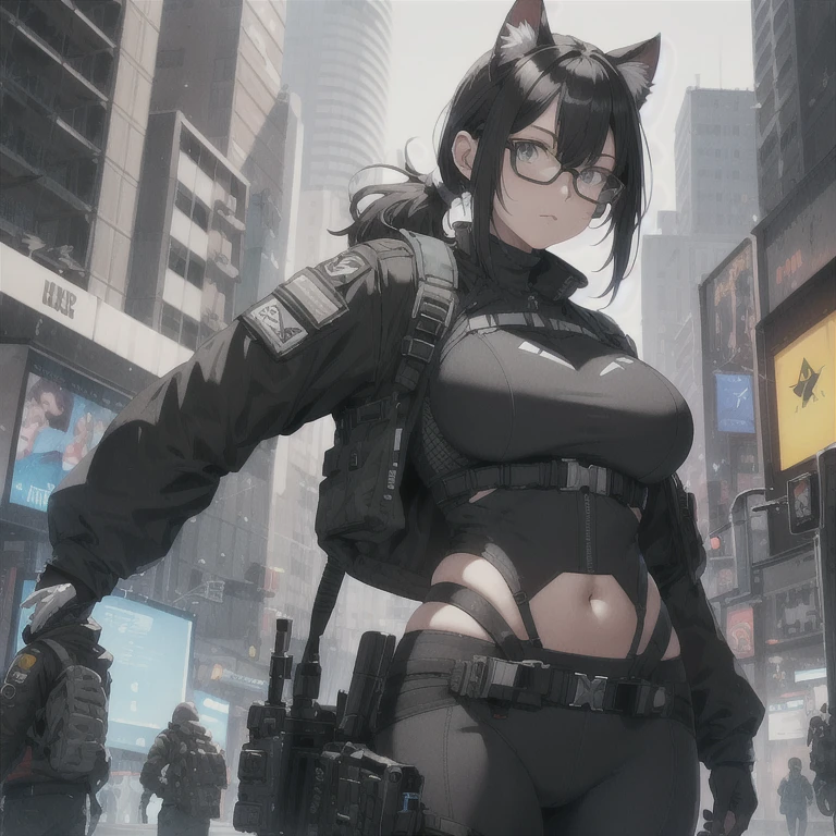 Absurd resolution, high resolution, (masterpiece: 1.4), hyper-detail, full body shot, solo, 1 kemono feline cat woman, black hair, glasses, messy ponytail, cute face, detailed soft grey eyes, huge massive hyper super swollen breasts that cover her whole torso and are bigger than her head while being so big they reach her belly button, extremely large bust, wide full hips, narrower torso and shoulders, smaller torso, full thicc big soft thighs, big rounded full soft butt, ruggedized utility styled outfit, full body outfit coverage with no skin showing or revealed, weather-proof durable clothing material, monochrome black and grey fullbody covering protective padding pilot rugged utility suit with white chest, scifi padded rugged high collar techwear jacket, white and black triangular decals and techwear iconography on apparel and clothing, techwear gloves, arm mounted strapped display scifi tablet/communication device/computer, rugged tablet display mounted on MOLLE strap on top of her bust, ruggedized computer tablet mounted above her breasts, screen display mounted on top of her chest, ruggedized tech, ruggedized tech aesthetic, fitted utility pants, utility chaps, near future scifi, cyberpunk aesthetic, anime aesthetic, Death stranding style, halo style, The Division Style