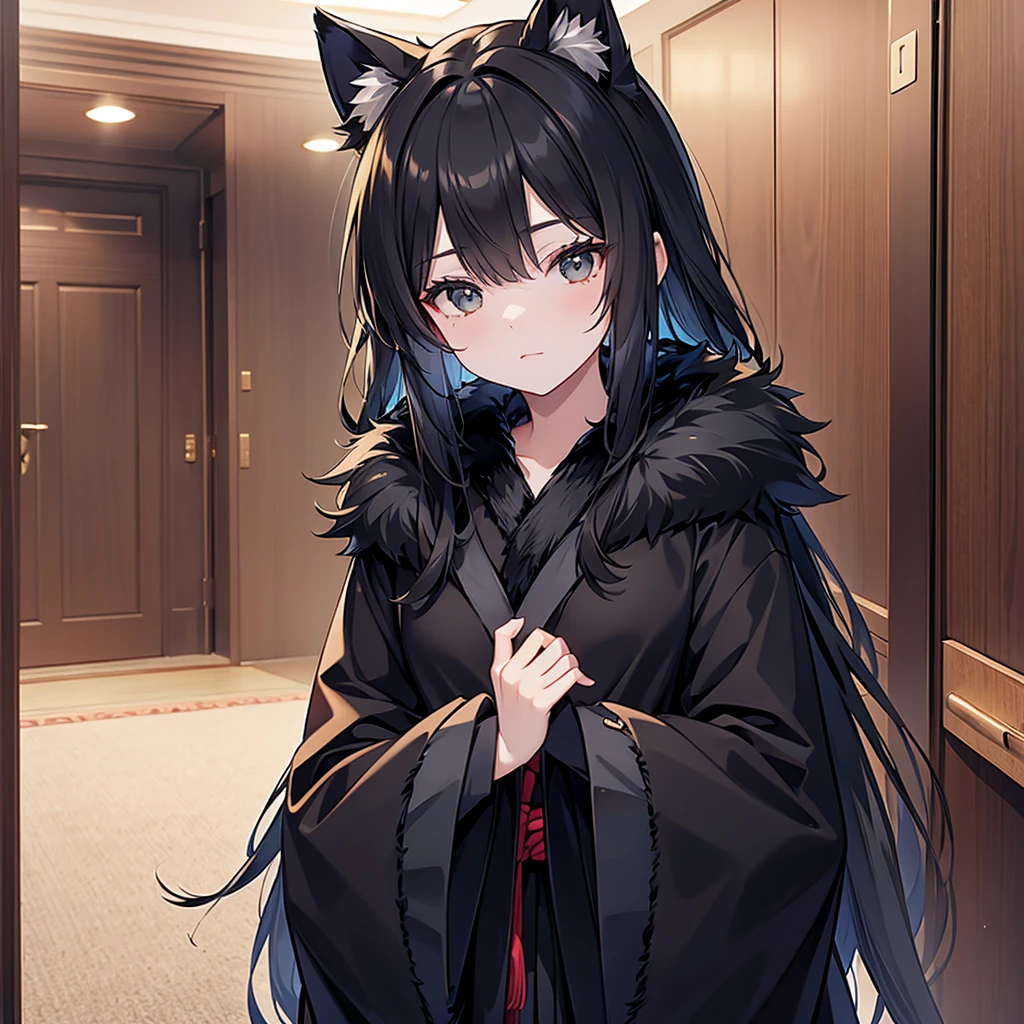 beautiful black enchanted furry kimono, in wardrobe, no people