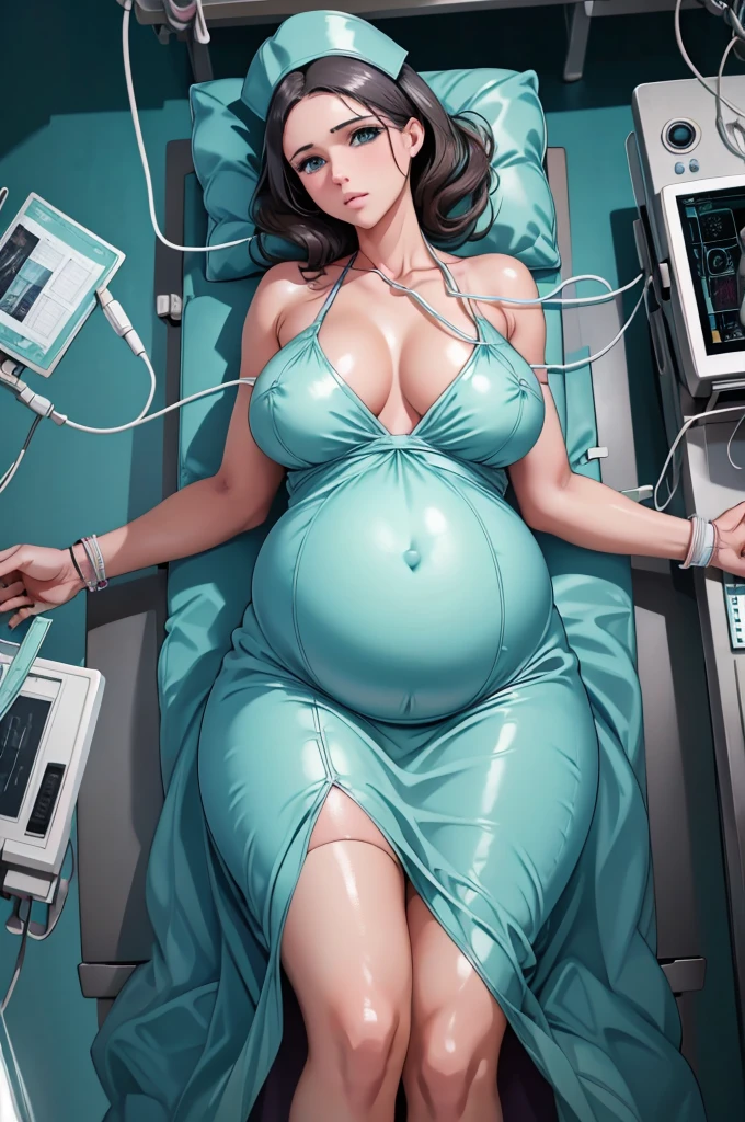 (give a score of 9_give a score of 8_give a score of 7)
masterpiece, highest quality, best quality, view from top down,
in a hospital, 1 pregnant woman, about 38 years old, 9 months pregnant, solo, wore a surgical cap, had a pained look on her face, frowned, unconscious, lying on the operating table, lying on her back, arms outstretched., Spread your arms, on the operating table, in the operating room, there was a blanket covering both of her slender legs, big breasts, expose your stomach, sleep with your legs wide open, do not bring your hands together on your stomach, don't cover your stomach, naked belly, show your belly completely, navel is visible, belly is visible of her who is pregnant, wearing wet underwear, this is a scene of a pregnant woman suffering from difficult childbirth