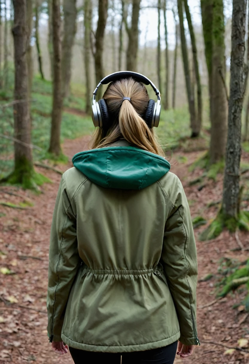 Far in the distance,a Dark blonde haired girl with long hair down to her butt, wearing an olive green jacket wearing over the ear headphones on her head, 28 years old, only showing the view of her from behind her as she walks into the woods