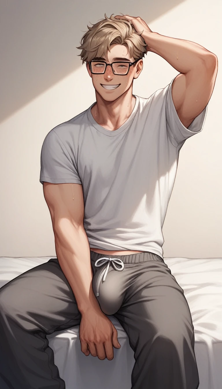 best quality, masterpiece, scrawny and tall 18 year old boy, freckles, messy light brown hair, big glasses, smiling, scratching his head, wearing baggy loose grey sweatpants and baggy oversized white tshirt, in simple bedroom, big bulge, sexy, gay, homoerotic, perfection, no watermark, no logo, no signature