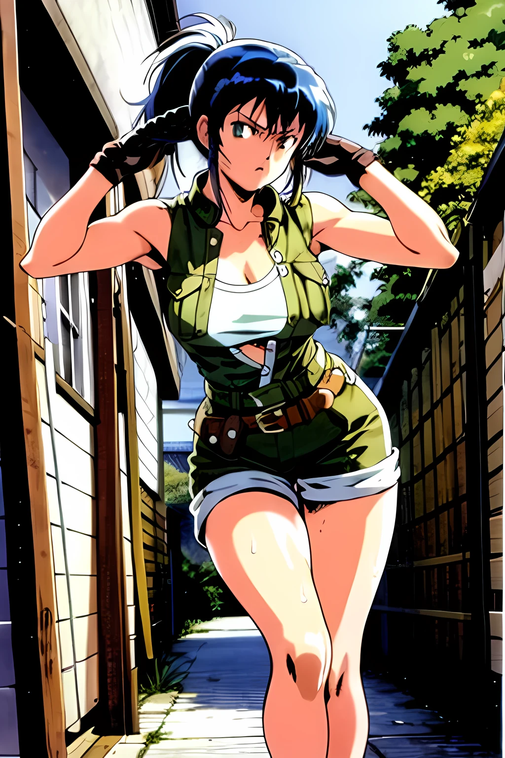 masterpiece, best quality, anime 1990s \(style\, leona heidern, naked, fully open vest, short ,jungle, pony tail, wet, serious, gloves, , sleeveless, metal slug , belt, touching hair, guerrilla.