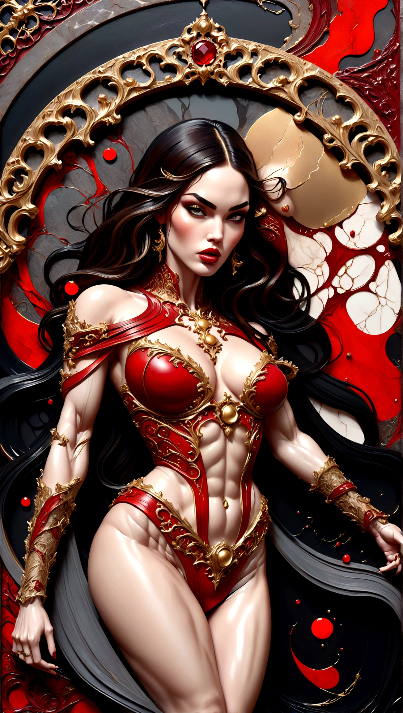 a beautiful illustration of megan fox as a very muscular vampire girl in an abstract marble texture with a tarot style frame, with colors of obsidian black, shiny gold, and ruby red, highly detailed, intricate design, BY Anne Bachelier,
