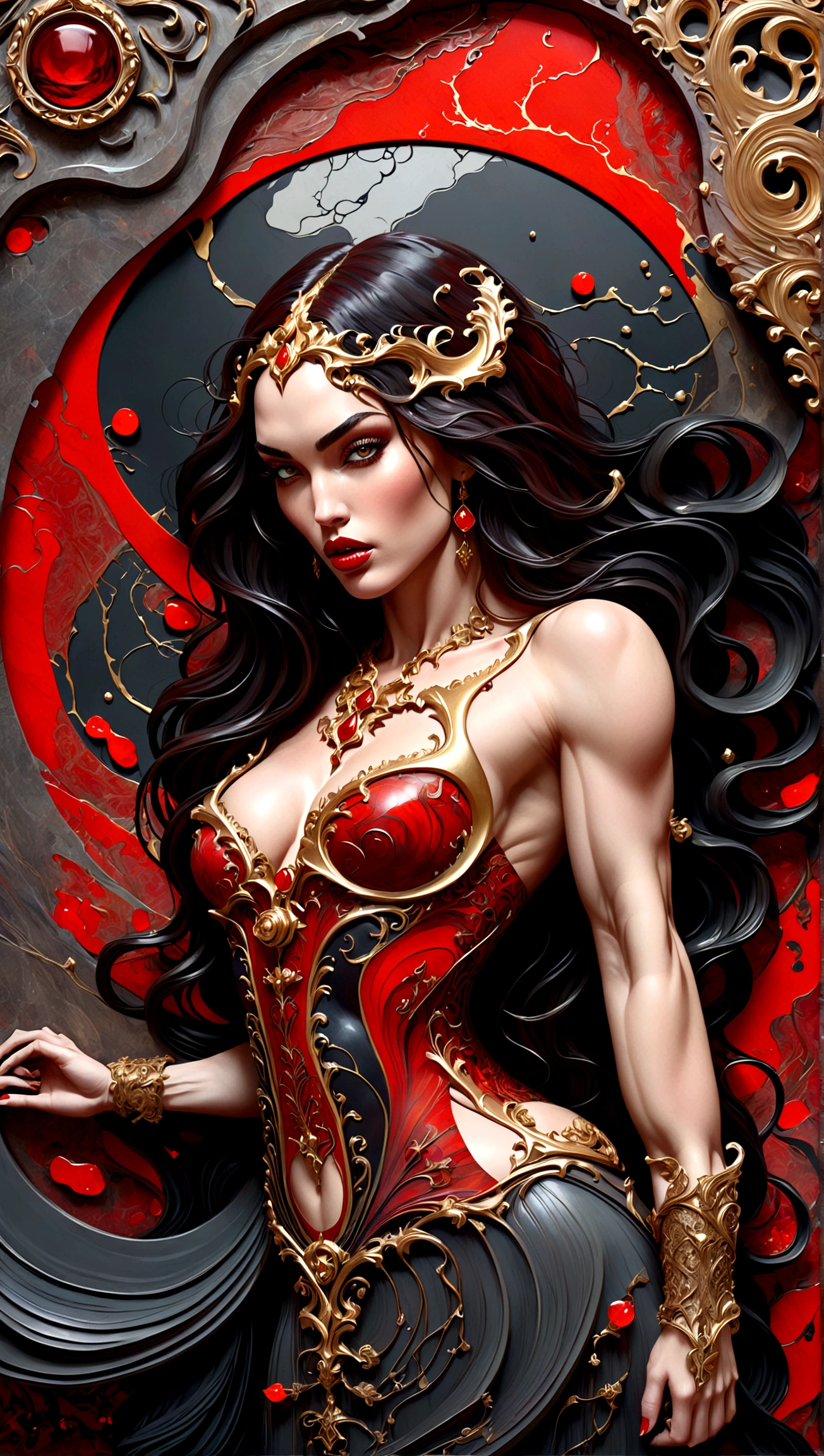 a beautiful illustration of megan fox as a very muscular vampire girl in an abstract marble texture with a tarot style frame, with colors of obsidian black, shiny gold, and ruby red, highly detailed, intricate design, BY Anne Bachelier,