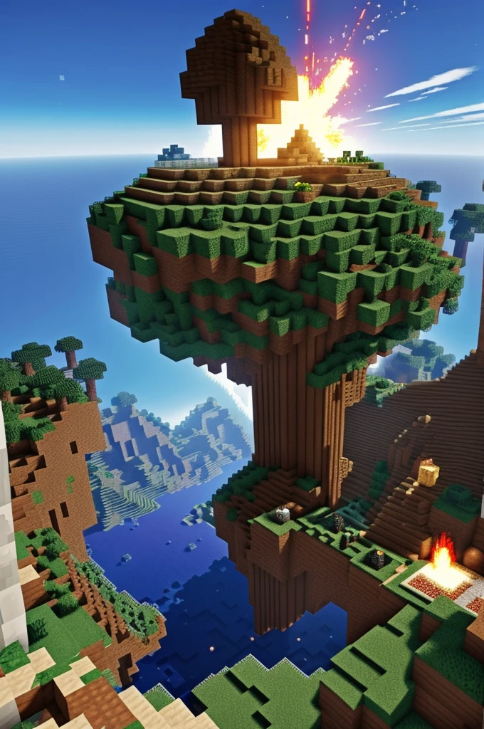 A very epic explosion with Minecraft decoration and environment 
