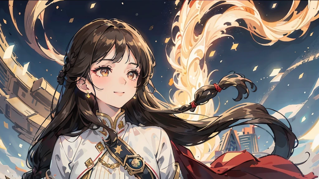 One Mature girl , long dark brown hair, long dark brown hair, braid on the left side of hair, floating hair, close up, smiling, front bangs, front bangs, bangs, braid on the left side of hair, full front bangs, golden eyes, golden eyes, delicate and smart eyes, starry pupils, golden nightgown, FOV, f1.8, masterpiece, complex scene, front portrait shot, snowing night, night, city in background, stars, half moon, light, magic, fantasy