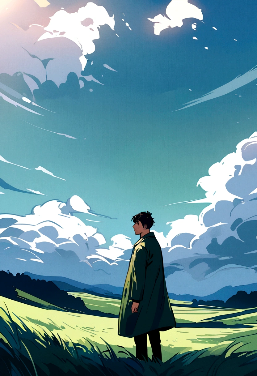 a man was standing alone in the middle of green meadow with his face staring at the cloudy sky, manga style,
