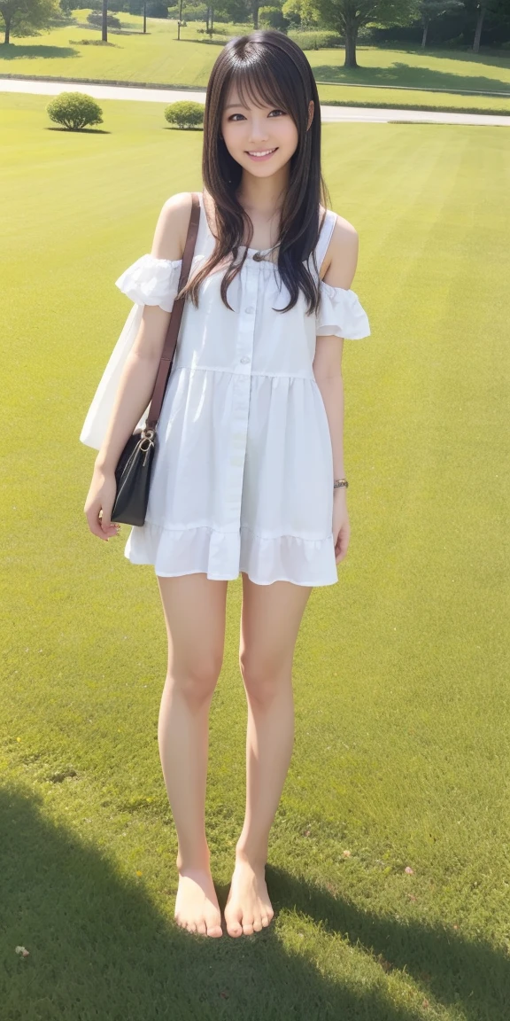Full body standing upright on grass barefoot、cute、20-year-old、Japanese、Cute clothes、Shortcuts、