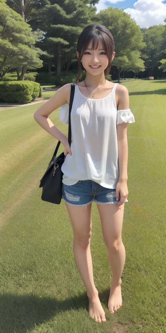 Full body standing upright on grass barefoot、cute、20-year-old、Japanese、Cute clothes、Shortcuts、