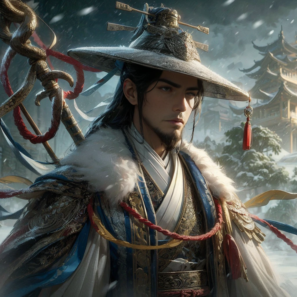 (Masterpiece:1.2), (Best Quality:1.2), (high resolution:1.2), (beautiful face and eye:1.2), (sharpest focus:1.2), (Ultra-realistic Photo:1.2), (Ultra-precise Photo:1.2), (Depth of field:1.2), (perfect anatomy:1.2), (nice hands:1.2),
(perfect hands:1.2), (five fingers:1.2), (Young, fearless, beautiful, shady Chinese man:1.0), (Lonely Chinese warrior with spear:1.0), (Neatly trimmed short beard and tied hair:1.0), (Blazing Chinese period drama style fortress:1.0),
(long spear with serpentine blade and ornate decoration:1.0), (white tsubakuhiro cap and cloak:1.0), (white armor with red, blue, and yellow coloring:1.0), (snowstorm:1.0), (melancholy expression:1.0), (picturesque standing figure:1.0),