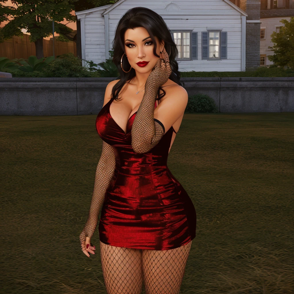 there is a woman in a red dress standing in a field, elegant glamor pose, elegant pose, glamor profile pose, succubus in tight short dress, in a red dress, lacivious pose, gothic city streets behind her, glamorous tifa lockheart, sinister pose, doing an elegant pose, wearing a red dress, doing a sassy pose, sexy, curvy body, black medium length wavy hair, tan skin, 40 year old latina woman, cougar, gorgeous, hoop earrings, fishnet gloves, fishnet leggings, big breasts, thicc